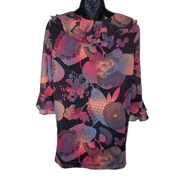 Ngoh Boutique Orginal Design Nwot floral chiffon ruffle blouse top size XL - Picture 2 of 8